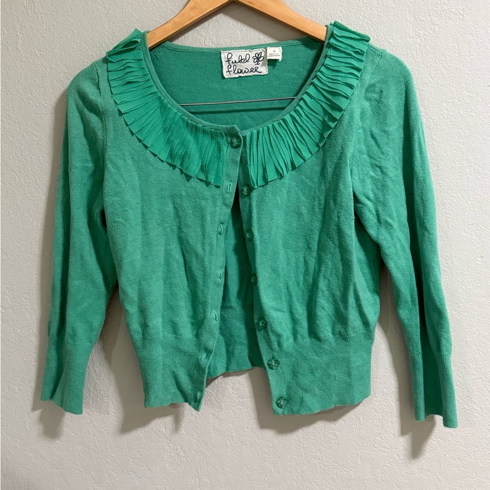 Field Flower Green Pleated Collar Cardigan - Size M